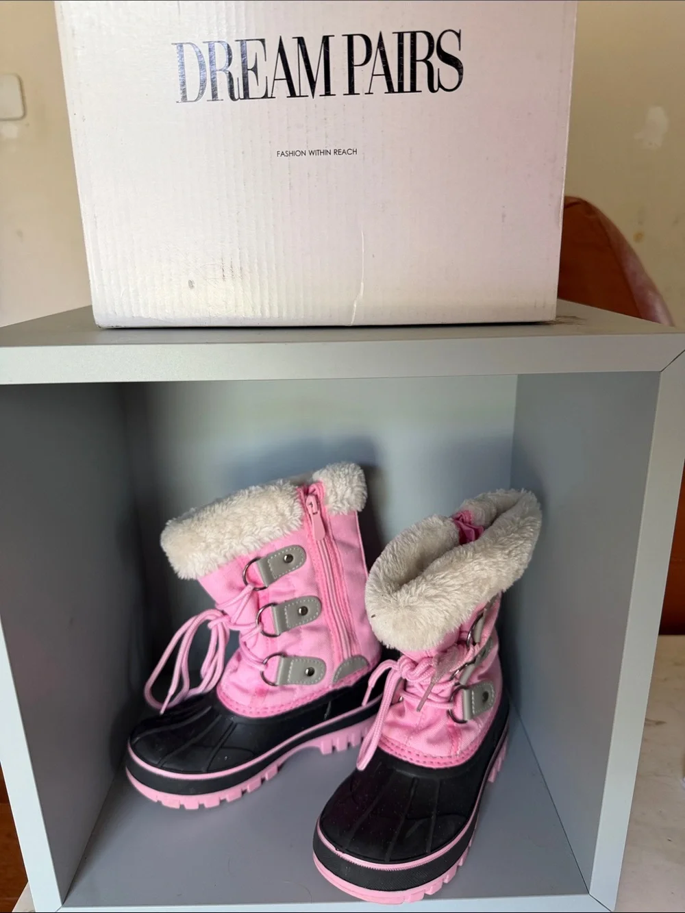 Dream Pairs Pink and Black Kids Snow Boots with Faux Fur Cuff